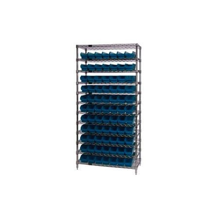 Global Industrial Chrome Wire Shelving with 77 4inH Plastic Shelf Bins Blue, 36x24x74 268976BL